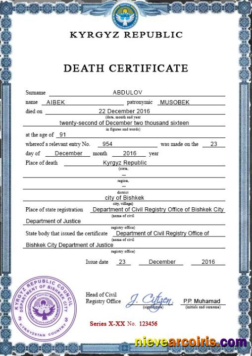 Kyrgyzstan death certificate